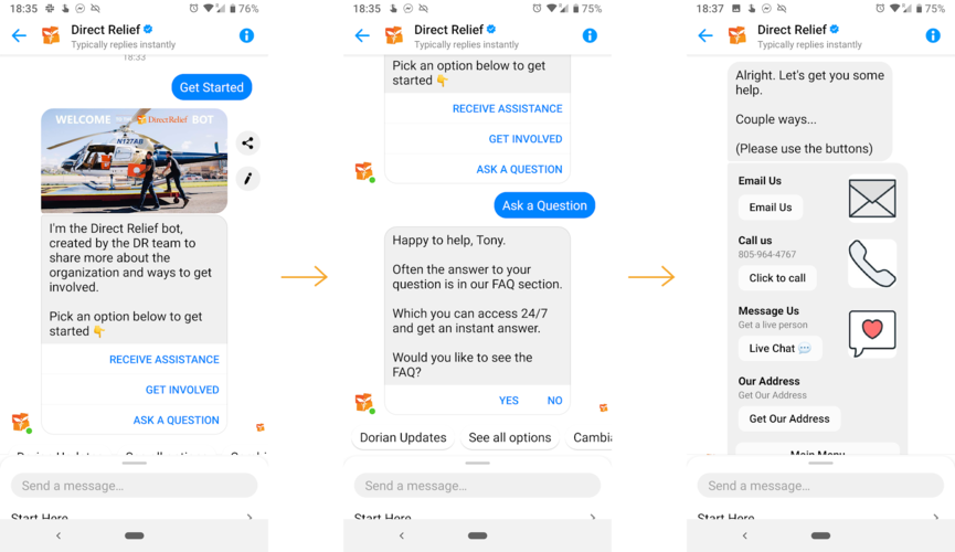 Check out direct relief's facebook bot in action.