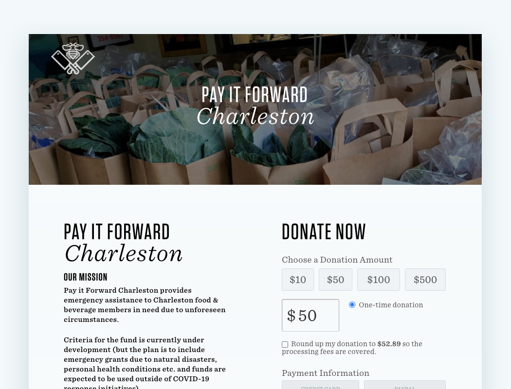 Check out this online fundraising idea in action with Pay It Forward Charleston's online donation page.