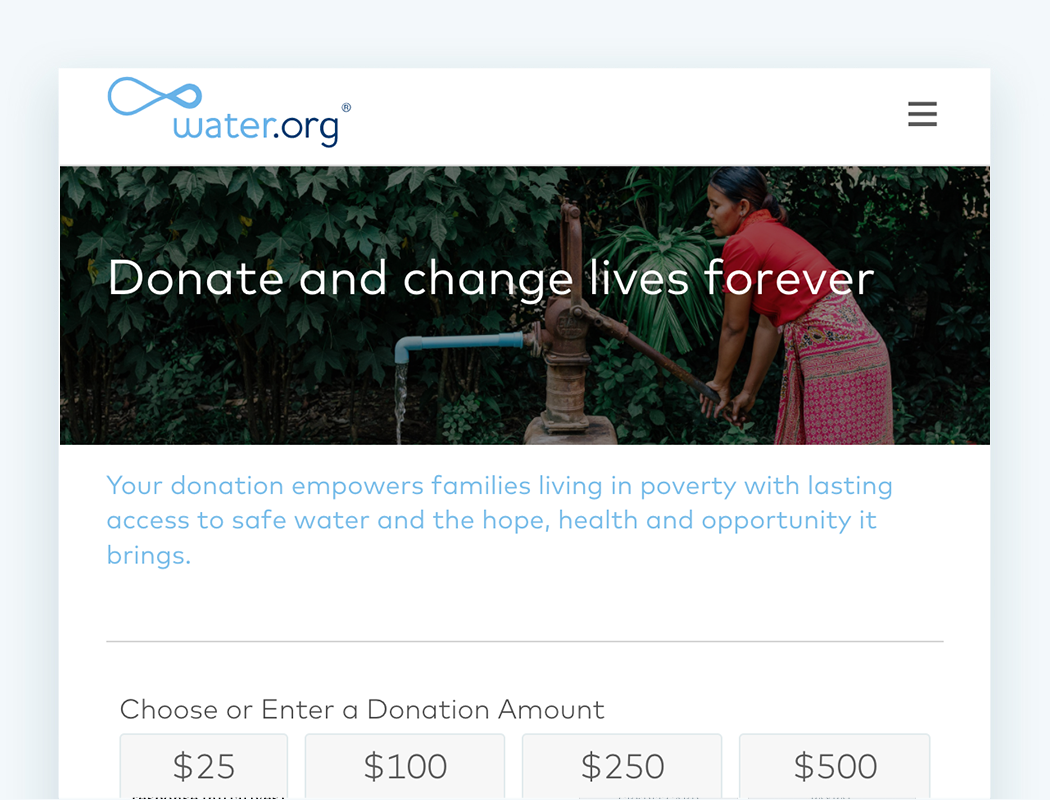 Water.org makes use of data and analytics by incorporating hidden fields on their online donation form.