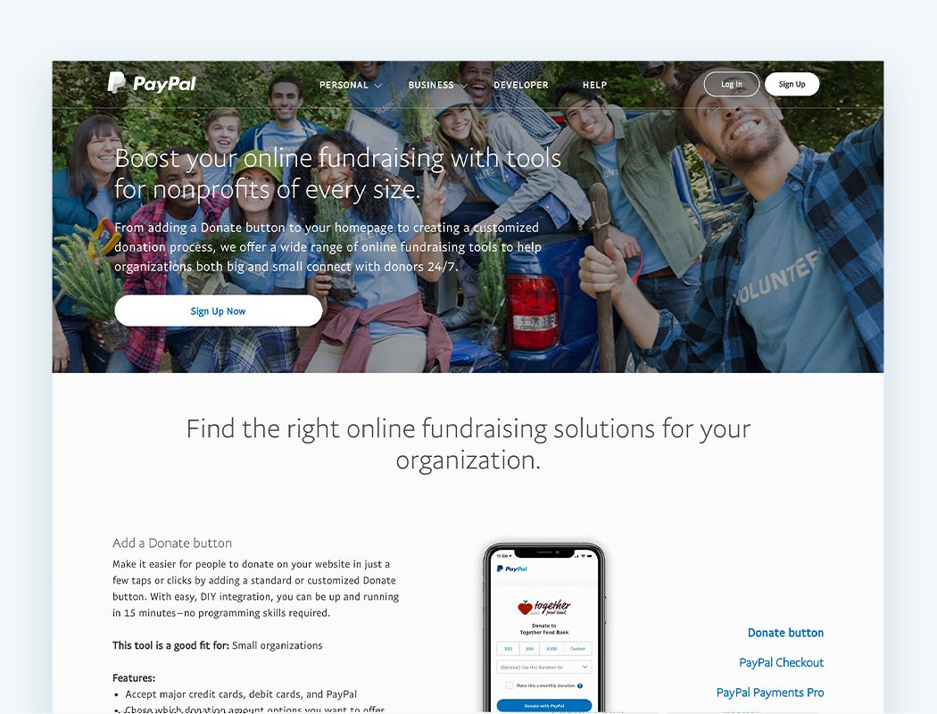 PayPal provides nonprofits with great donation tools for payment processing.